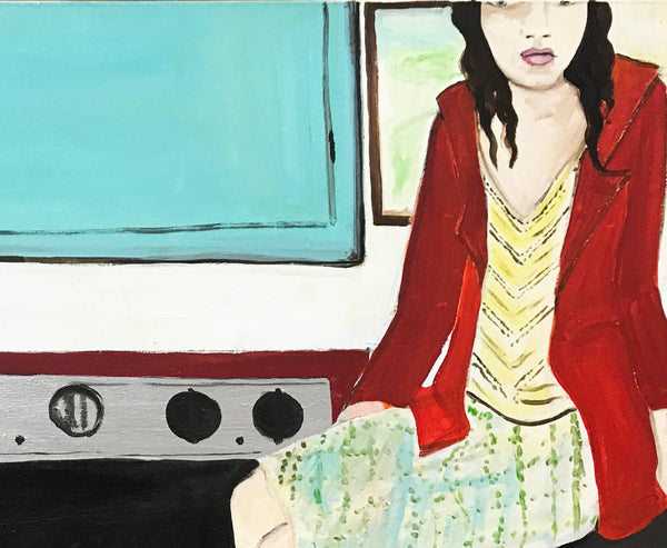 Girl with Red Blazer next to Blue Cabinet