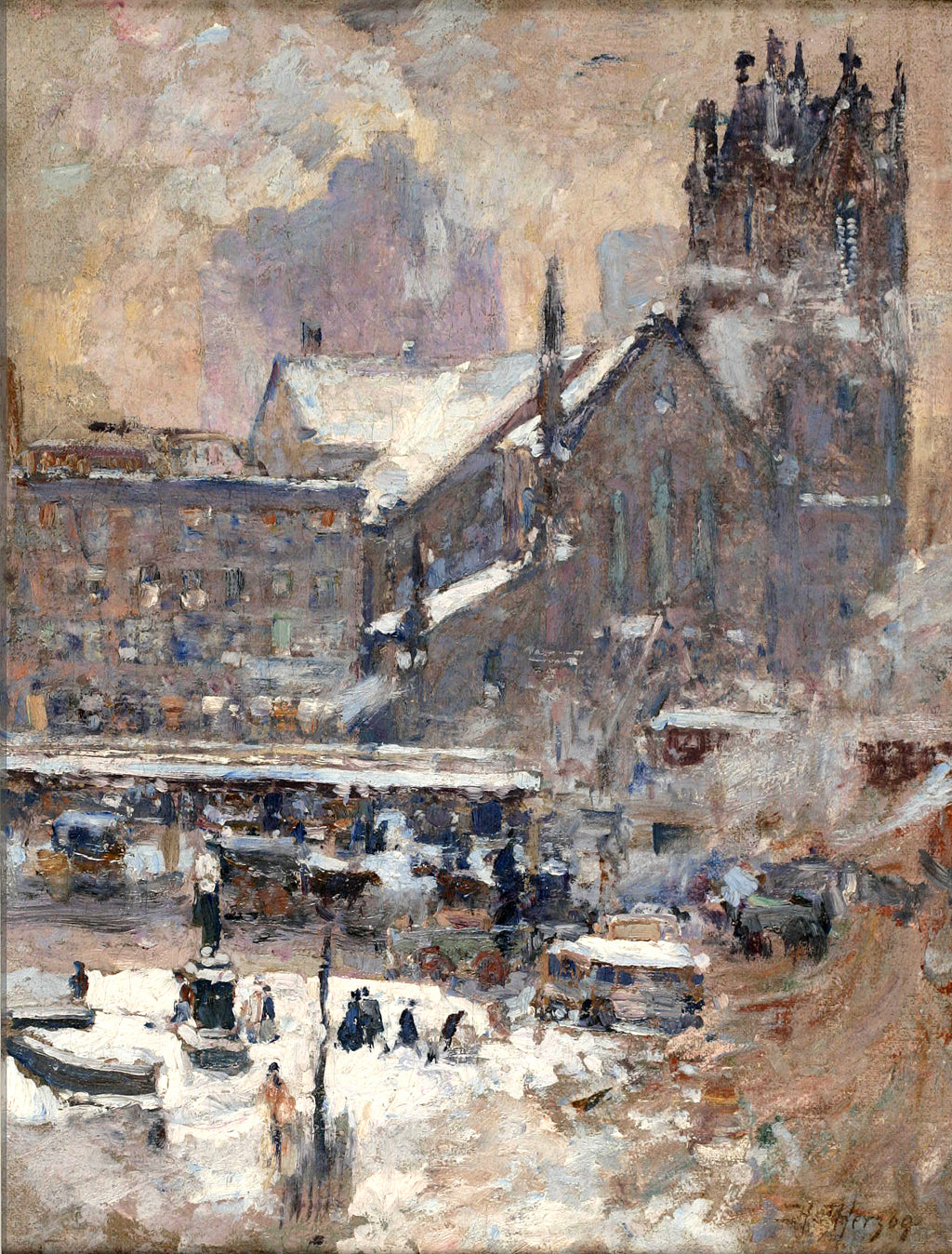 City view in winter with gothic cathedral