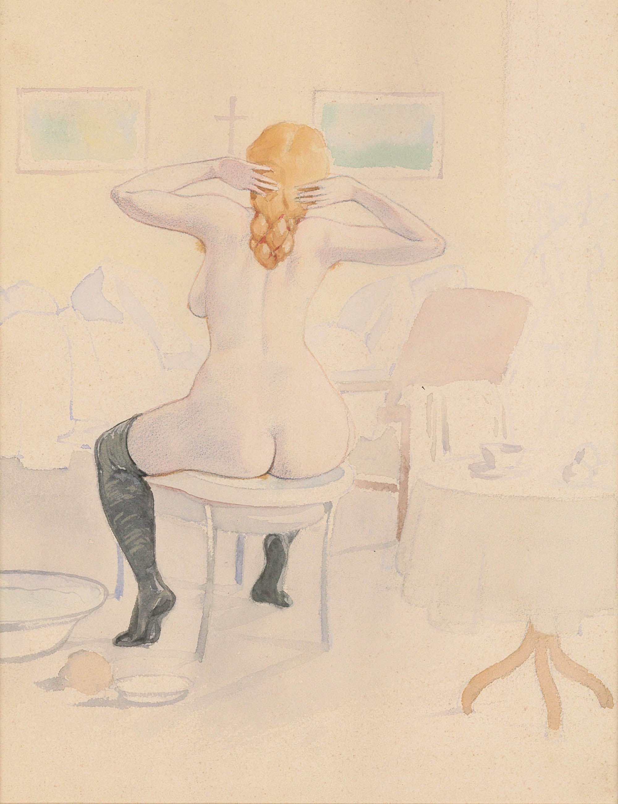 Female nude from the back with black stockings