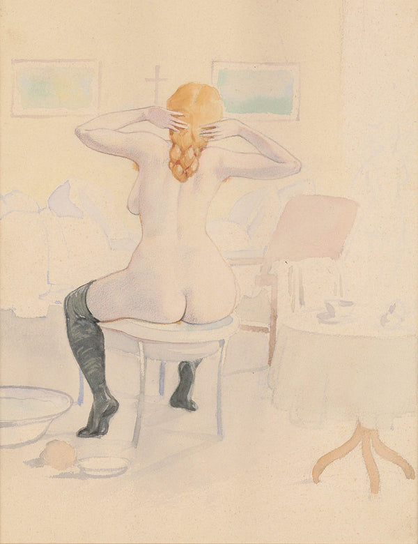 Female nude from the back with black stockings